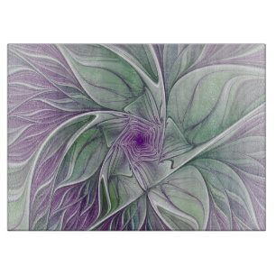 Flower Dream, Abstract Purple Green Fractal Art Cutting Board