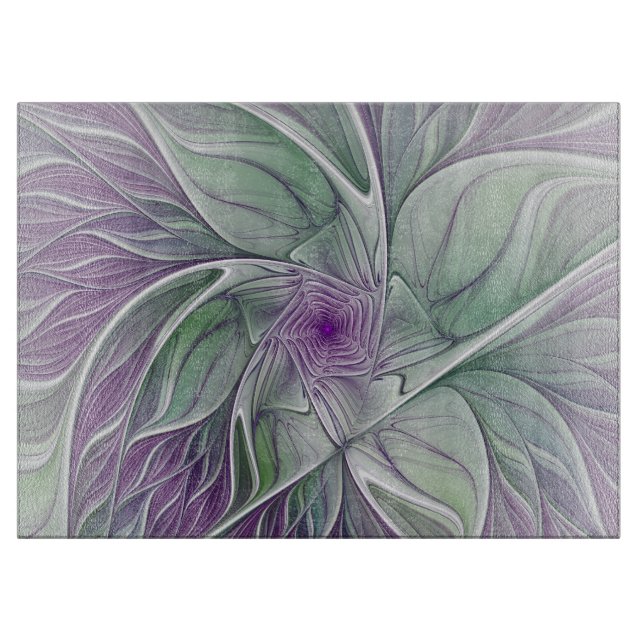 Flower Dream, Abstract Purple Green Fractal Art Cutting Board (Front)