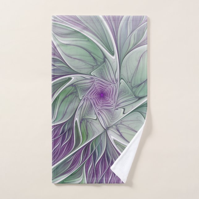 Flower Dream, Abstract Purple Green Fractal Art Hand Towel (Hand Towel)