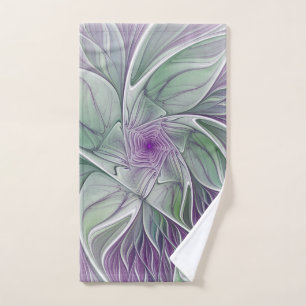 Flower Dream, Abstract Purple Green Fractal Art Hand Towel