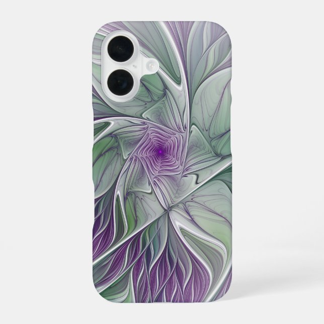 Flower Dream, Abstract Purple Green Fractal Art iPhone 16 Case (Back)