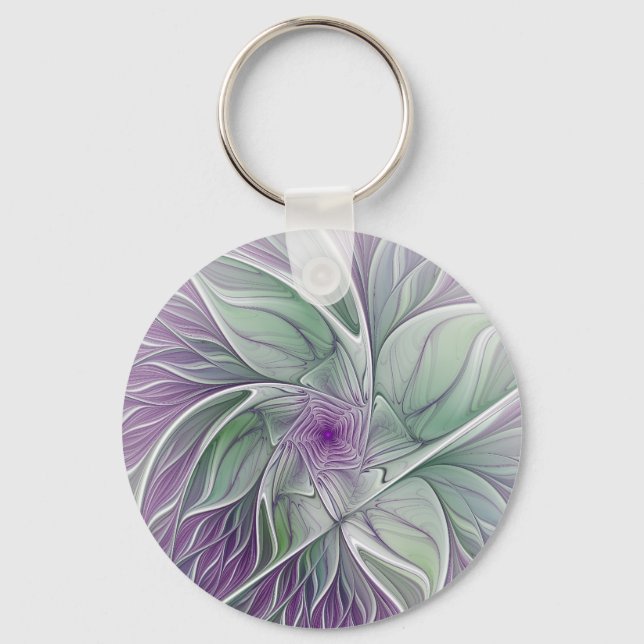 Flower Dream, Abstract Purple Green Fractal Art Key Ring (Front)