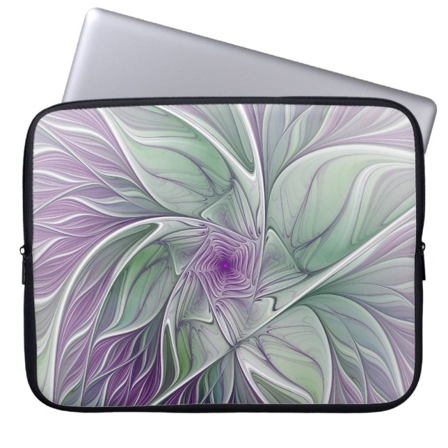 Flower Dream, Abstract Purple Green Fractal Art Laptop Sleeve (Front)