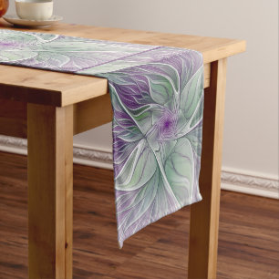 Flower Dream, Abstract Purple Green Fractal Art Long Table Runner