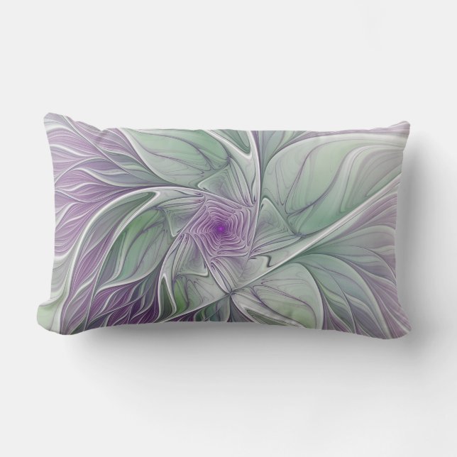 Flower Dream, Abstract Purple Green Fractal Art Lumbar Cushion (Front)