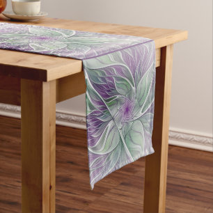 Flower Dream, Abstract Purple Green Fractal Art Medium Table Runner