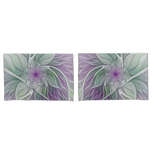 Flower Dream, Abstract Purple Green Fractal Art Pillowcase