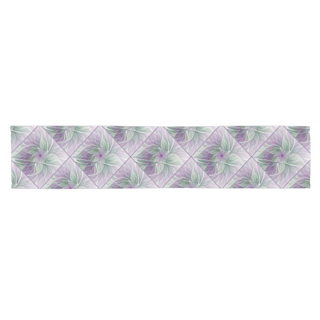 Flower Dream, Abstract Purple Green Fractal Art Short Table Runner (Horizontal)