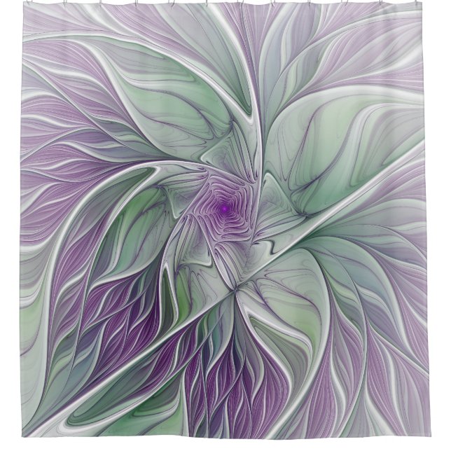 Flower Dream, Abstract Purple Green Fractal Art Shower Curtain (Front)