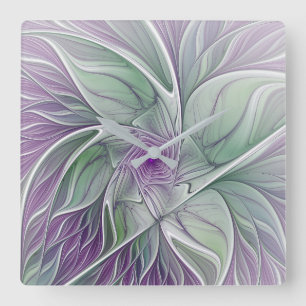 Flower Dream, Abstract Purple Green Fractal Art Square Wall Clock