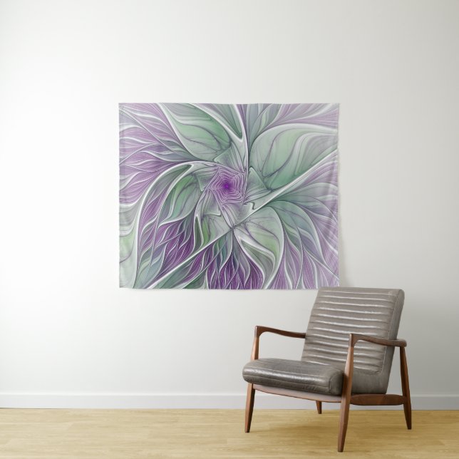 Flower Dream, Abstract Purple Green Fractal Art Tapestry (In Situ (Horizontal))