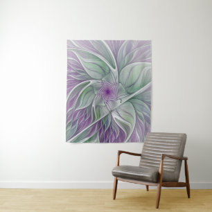 Flower Dream, Abstract Purple Green Fractal Art Tapestry