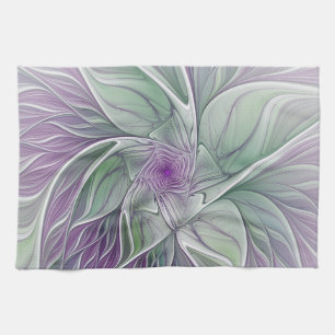 Flower Dream, Abstract Purple Green Fractal Art Tea Towel