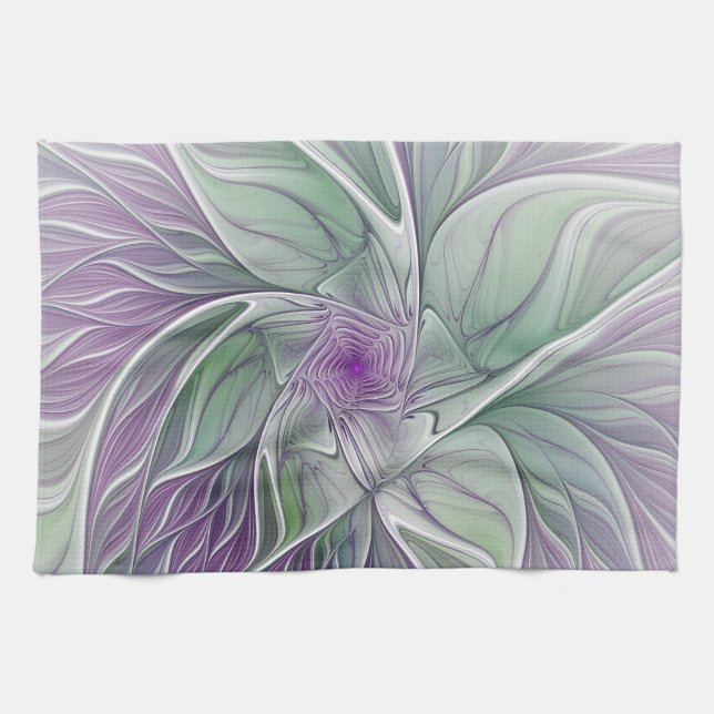 Flower Dream, Abstract Purple Green Fractal Art Tea Towel (Horizontal)