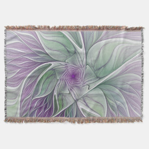 Flower Dream, Abstract Purple Green Fractal Art Throw Blanket