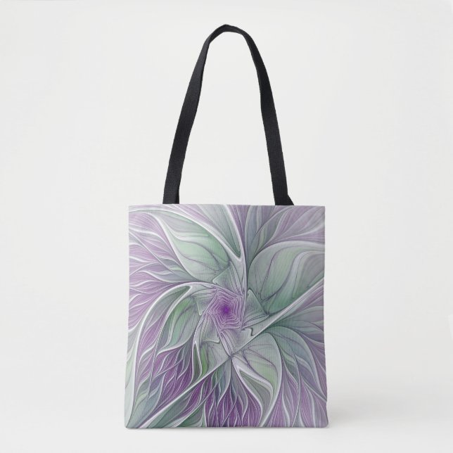 Flower Dream, Abstract Purple Green Fractal Art Tote Bag (Front)