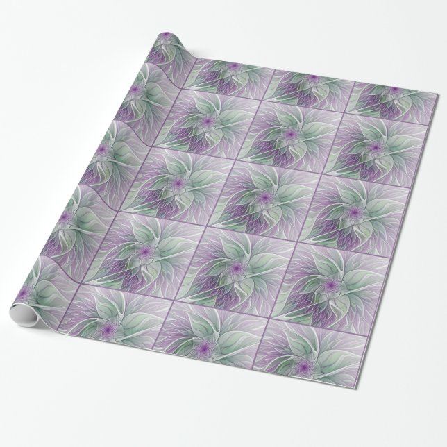 Flower Dream, Abstract Purple Green Fractal Art Wrapping Paper (Unrolled)