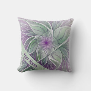Flower Dream, Abstract Purple Green Fractal Name Cushion