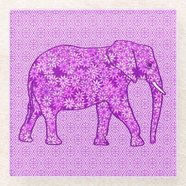 Flower elephant - amethyst purple glass coaster (Front)