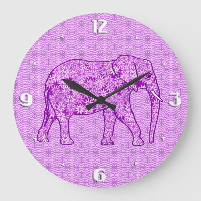Flower elephant - amethyst purple large clock (Front)