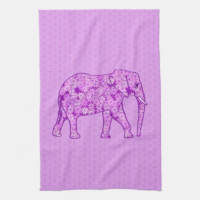 Flower elephant - amethyst purple tea towel (Vertical)