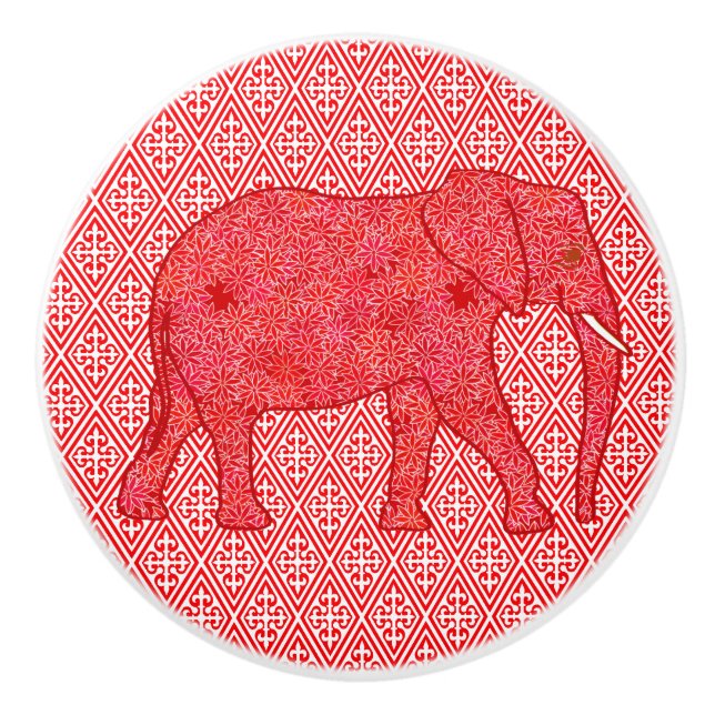 Flower Elephant, Deep Red and Coral Ceramic Knob (Front)