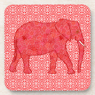Flower elephant - deep red and coral coaster