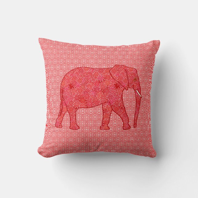 Flower elephant - deep red and coral cushion (Front)