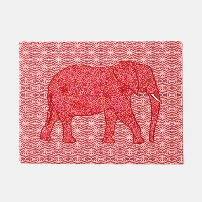 Flower Elephant, Deep Red and Coral Doormat (Front)