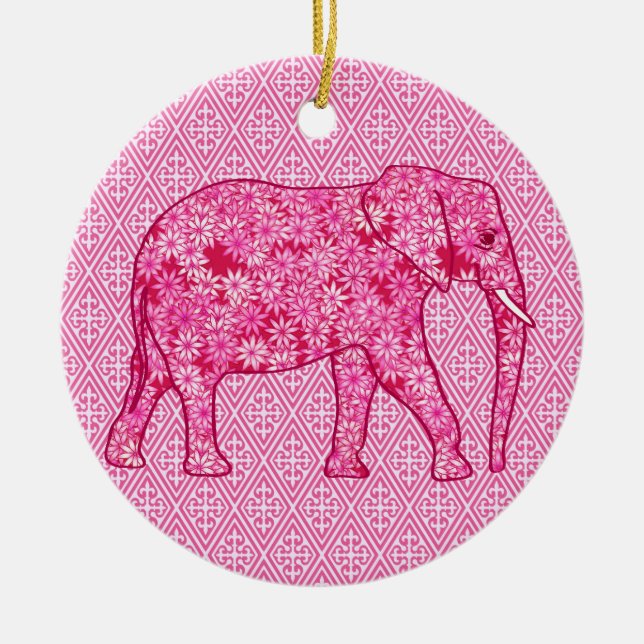 Flower elephant - fuchsia pink ceramic tree decoration (Front)