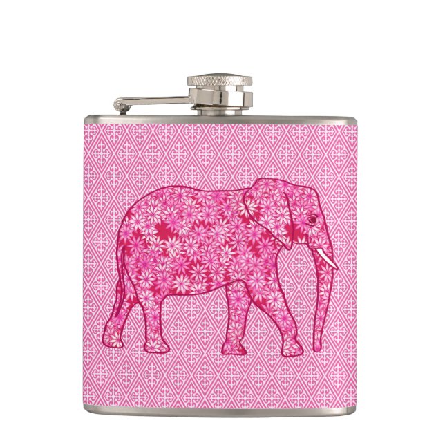 Flower elephant - fuchsia pink hip flask (Front)