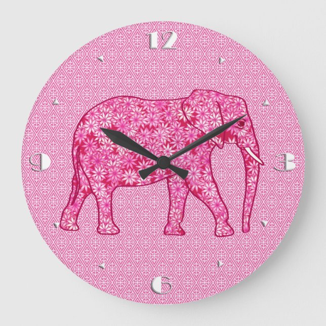 Flower elephant - fuchsia pink large clock (Front)