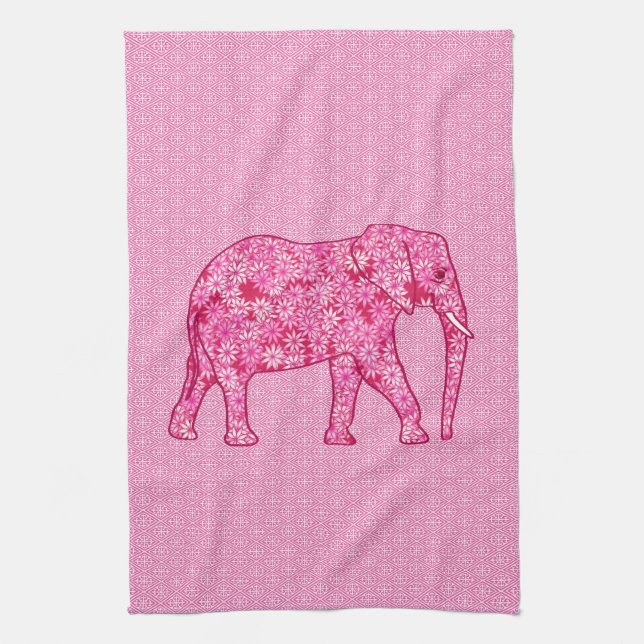 Flower elephant - fuchsia pink tea towel (Vertical)
