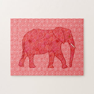 Flower Elephant Red and White Jigsaw Puzzle