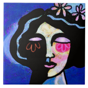 Flower Face Abstract Digital Portrait of a Woman Ceramic Tile
