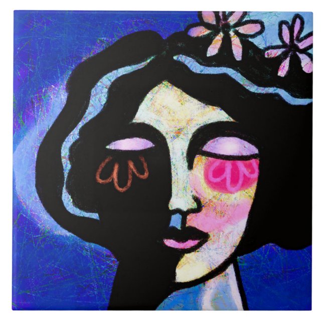 Flower Face Abstract Digital Portrait of a Woman Ceramic Tile (Front)