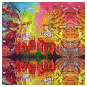 FLOWER FAIRIES OF DAWN Red Yellow Fantasy Fabric