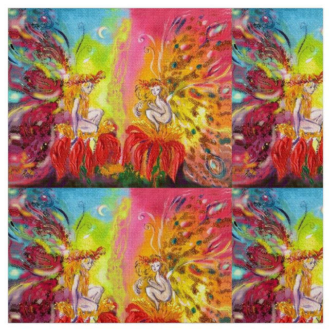FLOWER FAIRIES OF DAWN Red Yellow Fantasy Fabric (Swatch)