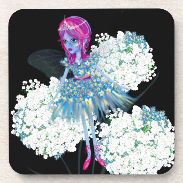 Flower Fairy Art by LeahG blue pink black white Coaster (Front)