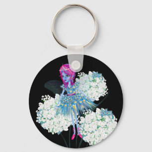 Flower Fairy Art by LeahG blue pink black white Key Ring