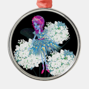 Flower Fairy Art by LeahG blue pink black white Metal Tree Decoration