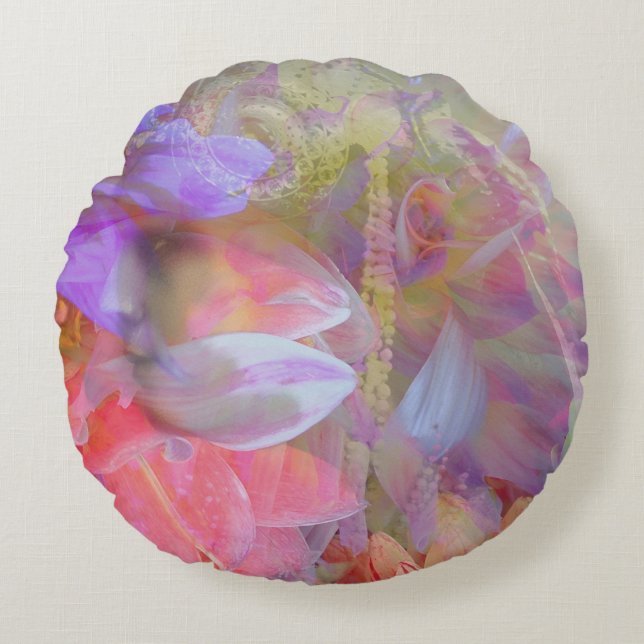 Flower Fairy Double Exposure Fantasy Art Round Cushion (Front)