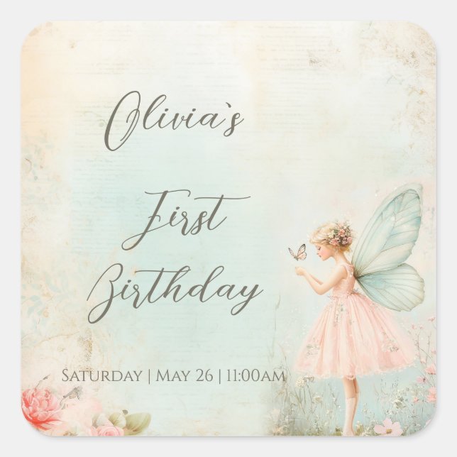 Flower fairy girl Birthday Square Sticker (Front)