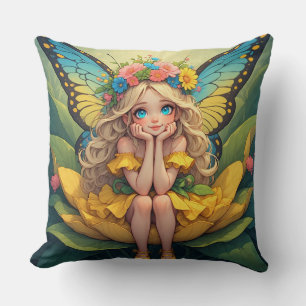 Flower Fairy Girl Sitting On Bloom For Magic Days  Cushion