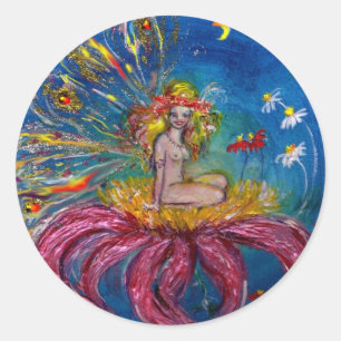 FLOWER FAIRY IN THE NIGHT Blue Fantasy Classic Round Sticker