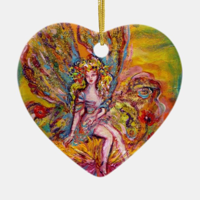 FLOWER FAIRY ON THE PINK IRIS Fantasy Purple Heart Ceramic Ornament (Front)