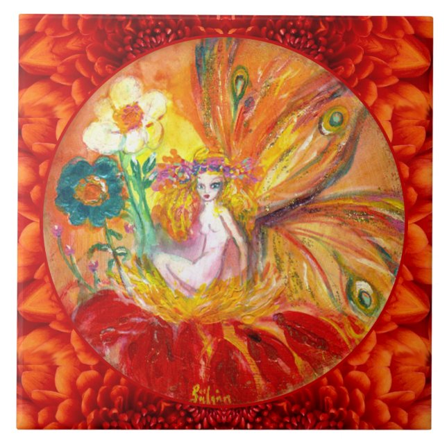FLOWER FAIRY Red Yellow Fantasy  Ceramic Tile (Front)