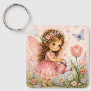 Flower Fairy Watering Pink Tulips Key Ring