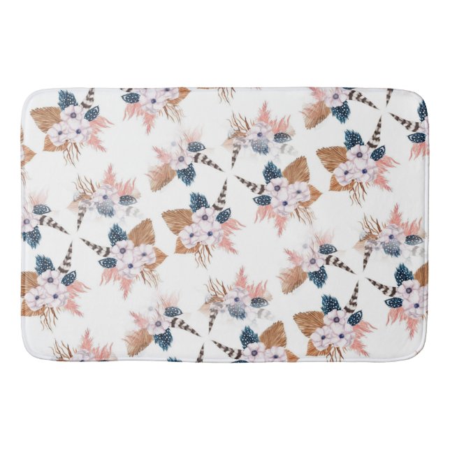 Flower Feather Boho Geometric Bath Mat (Front)