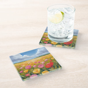 Flower Field Landscape Painting Watercolor Glass Coaster